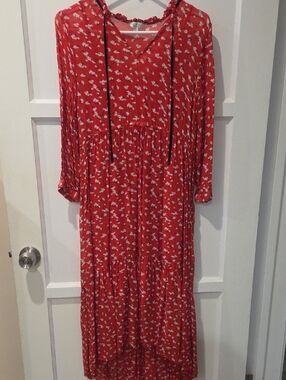 Lucky Brand Red Floral Dress with V-Neck Tie